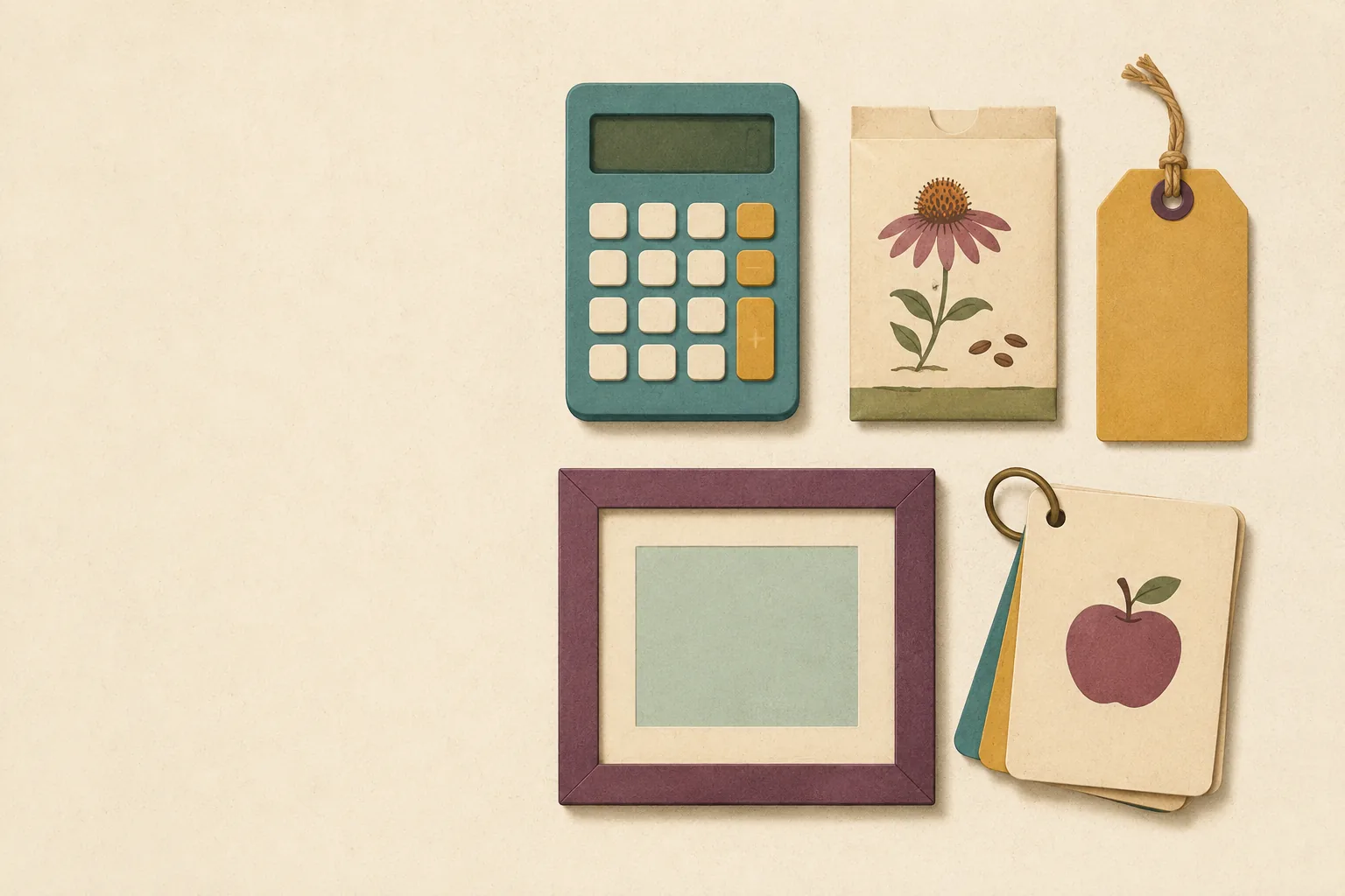 Flat-lay illustration: a calculator, seed packet, gift tag, picture frame and flashcards
